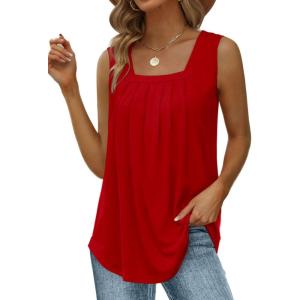imageSaloogoe Summer Tank Tops for Women Loose Fit Pleated Square Neck Sleeveless Tops Curved Hem Flowy06red