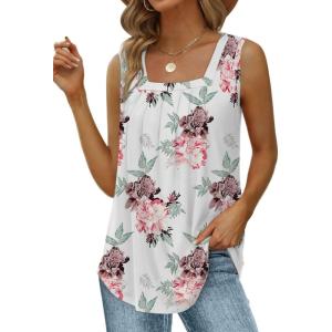 imageSaloogoe Summer Tank Tops for Women Loose Fit Pleated Square Neck Sleeveless Tops Curved Hem Flowy07floral White