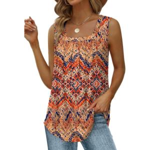 imageSaloogoe Summer Tank Tops for Women Loose Fit Pleated Square Neck Sleeveless Tops Curved Hem Flowy08bohemia