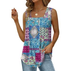 imageSaloogoe Summer Tank Tops for Women Loose Fit Pleated Square Neck Sleeveless Tops Curved Hem Flowy08floral Grid