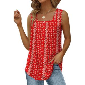 imageSaloogoe Summer Tank Tops for Women Loose Fit Pleated Square Neck Sleeveless Tops Curved Hem Flowy08foral Red