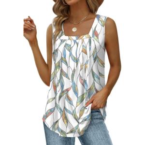 imageSaloogoe Summer Tank Tops for Women Loose Fit Pleated Square Neck Sleeveless Tops Curved Hem Flowy08leaf Print