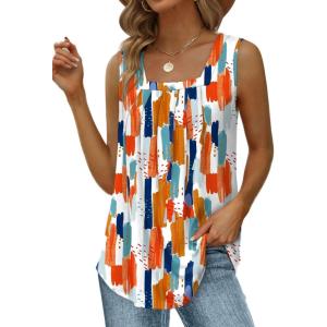 imageSaloogoe Summer Tank Tops for Women Loose Fit Pleated Square Neck Sleeveless Tops Curved Hem Flowy09colorful Colorblock