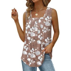 imageSaloogoe Summer Tank Tops for Women Loose Fit Pleated Square Neck Sleeveless Tops Curved Hem Flowy09floral Wood Flower