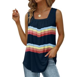imageSaloogoe Summer Tank Tops for Women Loose Fit Pleated Square Neck Sleeveless Tops Curved Hem Flowy09g Rainbow