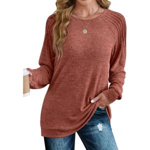 imageSaloogoe Sweatshirt for Women Crewneck Pleated Long Sleeve Shirts Tunic Tops Fashion Winter Clothing 2025Caramel