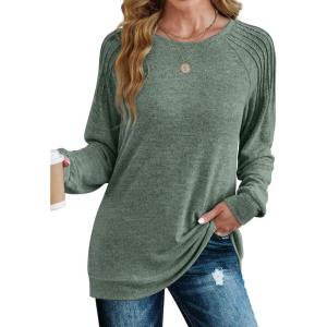 imageSaloogoe Sweatshirt for Women Crewneck Pleated Long Sleeve Shirts Tunic Tops Fashion Winter Clothing 2025Classic Green