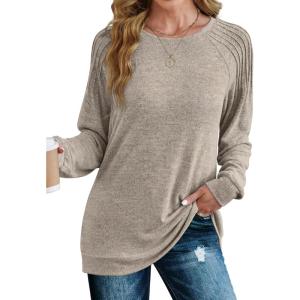 imageSaloogoe Sweatshirt for Women Crewneck Pleated Long Sleeve Shirts Tunic Tops Fashion Winter Clothing 2025Classic Khaki