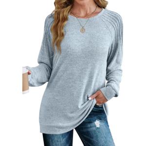 imageSaloogoe Sweatshirt for Women Crewneck Pleated Long Sleeve Shirts Tunic Tops Fashion Winter Clothing 2025Dusty Blue