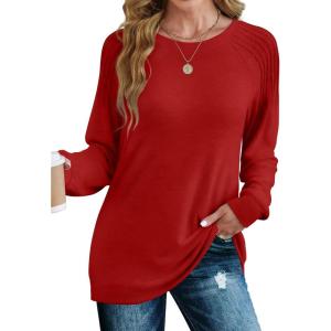 imageSaloogoe Sweatshirt for Women Crewneck Pleated Long Sleeve Shirts Tunic Tops Fashion Winter Clothing 2025Fresh Red