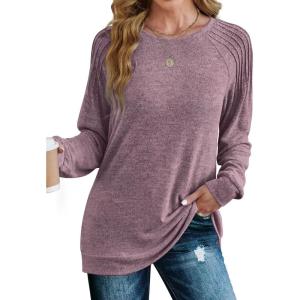 imageSaloogoe Sweatshirt for Women Crewneck Pleated Long Sleeve Shirts Tunic Tops Fashion Winter Clothing 2025Grape Purple