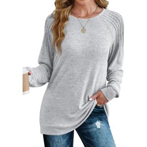 imageSaloogoe Sweatshirt for Women Crewneck Pleated Long Sleeve Shirts Tunic Tops Fashion Winter Clothing 2025Grey White