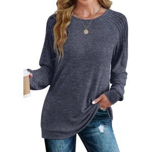 imageSaloogoe Sweatshirt for Women Crewneck Pleated Long Sleeve Shirts Tunic Tops Fashion Winter Clothing 2025Navy Blue