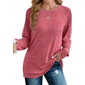 imageSaloogoe Sweatshirt for Women Crewneck Pleated Long Sleeve Shirts Tunic Tops Fashion Winter Clothing 2025Watermelon Red