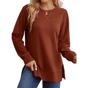 imageSaloogoe Sweatshirt for women Side Split Fall Fashion 2025 Long Sleeve Shirts Trending Now00caramel
