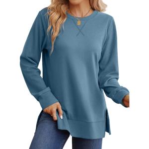 imageSaloogoe Sweatshirt for women Side Split Fall Fashion 2025 Long Sleeve Shirts Trending Now01blue
