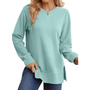 imageSaloogoe Sweatshirt for women Side Split Fall Fashion 2025 Long Sleeve Shirts Trending Now02blue Green