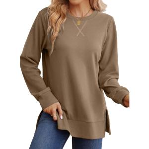 imageSaloogoe Sweatshirt for women Side Split Fall Fashion 2025 Long Sleeve Shirts Trending Now02coffee