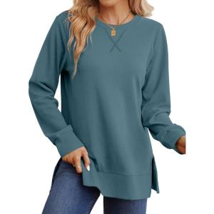 imageSaloogoe Sweatshirt for women Side Split Fall Fashion 2025 Long Sleeve Shirts Trending Now02grey Blue
