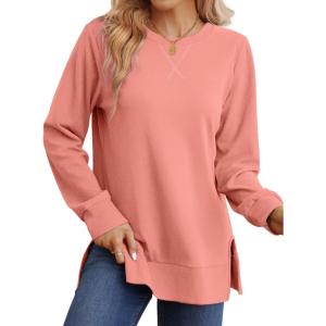 imageSaloogoe Sweatshirt for women Side Split Fall Fashion 2025 Long Sleeve Shirts Trending Now02pink