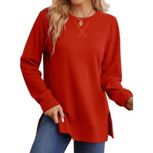 imageSaloogoe Sweatshirt for women Side Split Fall Fashion 2025 Long Sleeve Shirts Trending Now02red