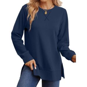 imageSaloogoe Sweatshirt for women Side Split Fall Fashion 2025 Long Sleeve Shirts Trending Now03deep Blue