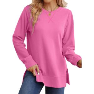 imageSaloogoe Sweatshirt for women Side Split Fall Fashion 2025 Long Sleeve Shirts Trending Now03hot Pink