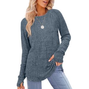 imageSaloogoe Womens Long Sleeve Top Crewneck Basic Lightweight Fall Shirt with Thumb HoleBlue