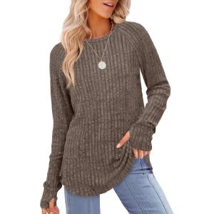 imageSaloogoe Womens Long Sleeve Top Crewneck Basic Lightweight Fall Shirt with Thumb HoleCoffee