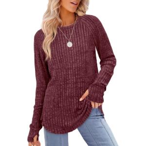 imageSaloogoe Womens Long Sleeve Top Crewneck Basic Lightweight Fall Shirt with Thumb HoleFuchsia