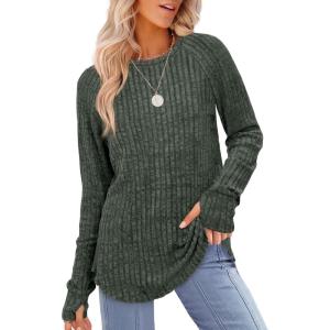 imageSaloogoe Womens Long Sleeve Top Crewneck Basic Lightweight Fall Shirt with Thumb HoleGreen