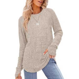 imageSaloogoe Womens Long Sleeve Top Crewneck Basic Lightweight Fall Shirt with Thumb HoleKhaki