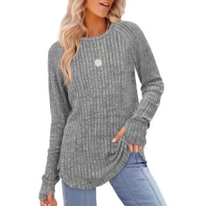 imageSaloogoe Womens Long Sleeve Top Crewneck Basic Lightweight Fall Shirt with Thumb HoleLightgrey