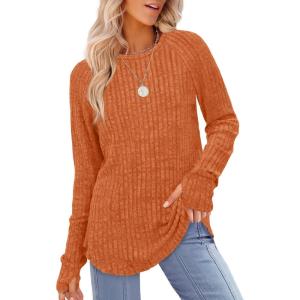 imageSaloogoe Womens Long Sleeve Top Crewneck Basic Lightweight Fall Shirt with Thumb HoleOrange