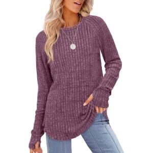imageSaloogoe Womens Long Sleeve Top Crewneck Basic Lightweight Fall Shirt with Thumb HolePurple Red