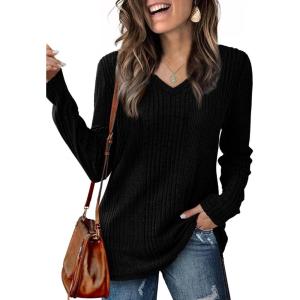 imageSaloogoe Womens Long Sleeve Tops V Neck Shirts Lightweight Tunic Sweaters Fashion 2024Black