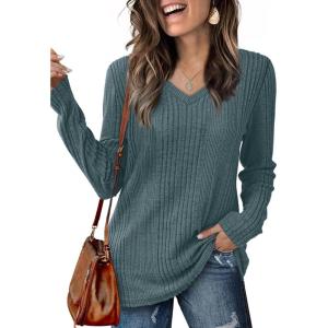 imageSaloogoe Womens Long Sleeve Tops V Neck Shirts Lightweight Tunic Sweaters Fashion 2024Blue