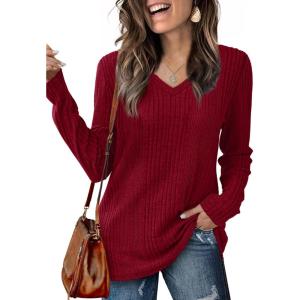 imageSaloogoe Womens Long Sleeve Tops V Neck Shirts Lightweight Tunic Sweaters Fashion 2024Burgundy