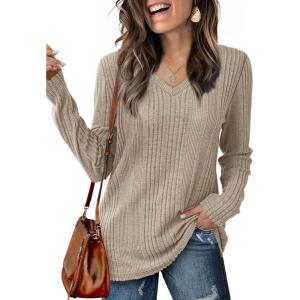 imageSaloogoe Womens Long Sleeve Tops V Neck Shirts Lightweight Tunic Sweaters Fashion 2024Classic Kakhi