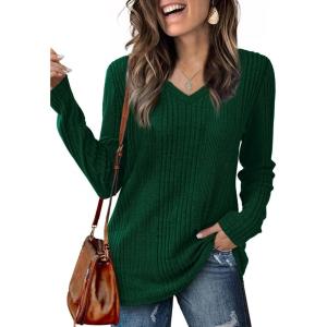 imageSaloogoe Womens Long Sleeve Tops V Neck Shirts Lightweight Tunic Sweaters Fashion 2024Dark Green