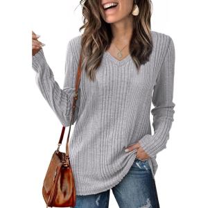 imageSaloogoe Womens Long Sleeve Tops V Neck Shirts Lightweight Tunic Sweaters Fashion 2024Grey