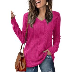 imageSaloogoe Womens Long Sleeve Tops V Neck Shirts Lightweight Tunic Sweaters Fashion 2024Hot Pink