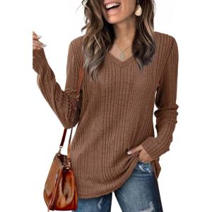 imageSaloogoe Womens Long Sleeve Tops V Neck Shirts Lightweight Tunic Sweaters Fashion 2024Light Brown