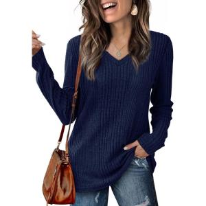 imageSaloogoe Womens Long Sleeve Tops V Neck Shirts Lightweight Tunic Sweaters Fashion 2024Navy Blue
