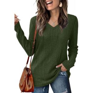 imageSaloogoe Womens Long Sleeve Tops V Neck Shirts Lightweight Tunic Sweaters Fashion 2024Oliver Green