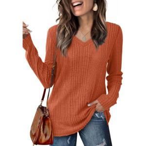imageSaloogoe Womens Long Sleeve Tops V Neck Shirts Lightweight Tunic Sweaters Fashion 2024Orange