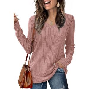 imageSaloogoe Womens Long Sleeve Tops V Neck Shirts Lightweight Tunic Sweaters Fashion 2024Pink