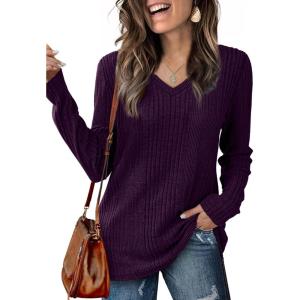 imageSaloogoe Womens Long Sleeve Tops V Neck Shirts Lightweight Tunic Sweaters Fashion 2024Purple
