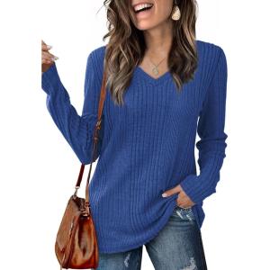 imageSaloogoe Womens Long Sleeve Tops V Neck Shirts Lightweight Tunic Sweaters Fashion 2024Royal Blue