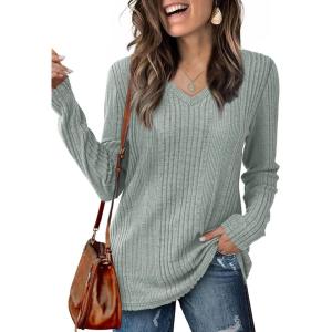 imageSaloogoe Womens Long Sleeve Tops V Neck Shirts Lightweight Tunic Sweaters Fashion 2024Sage Green
